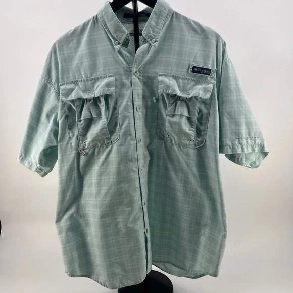 Columbia Super Bahama Plaid Short Sleeve Fishing Shirt Men's M Light Blue - Picture 1 of 9
